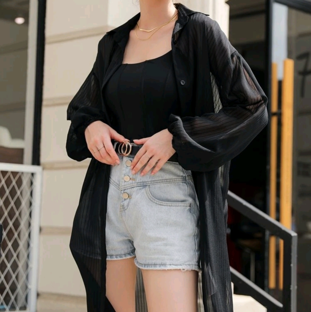 ❄️ 3/$30 Black Sheer Flowy Long Collar Button-Up Blouse Shirt Dress / Duster - Picture 7 of 11